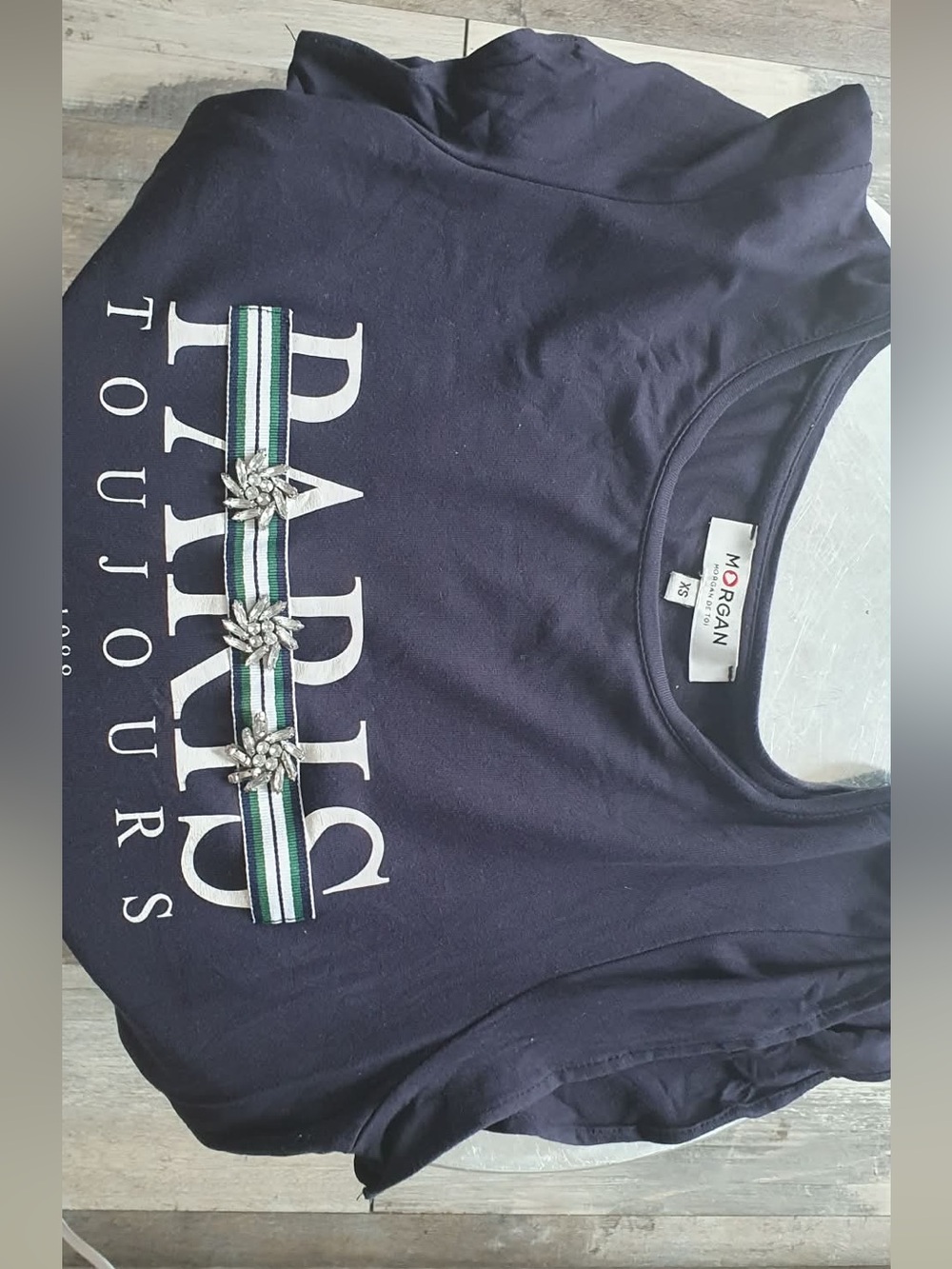 From France Morgan de toi chic Paris Navy Stretch Graphic Tee with gemstones - Picture 4 of 4